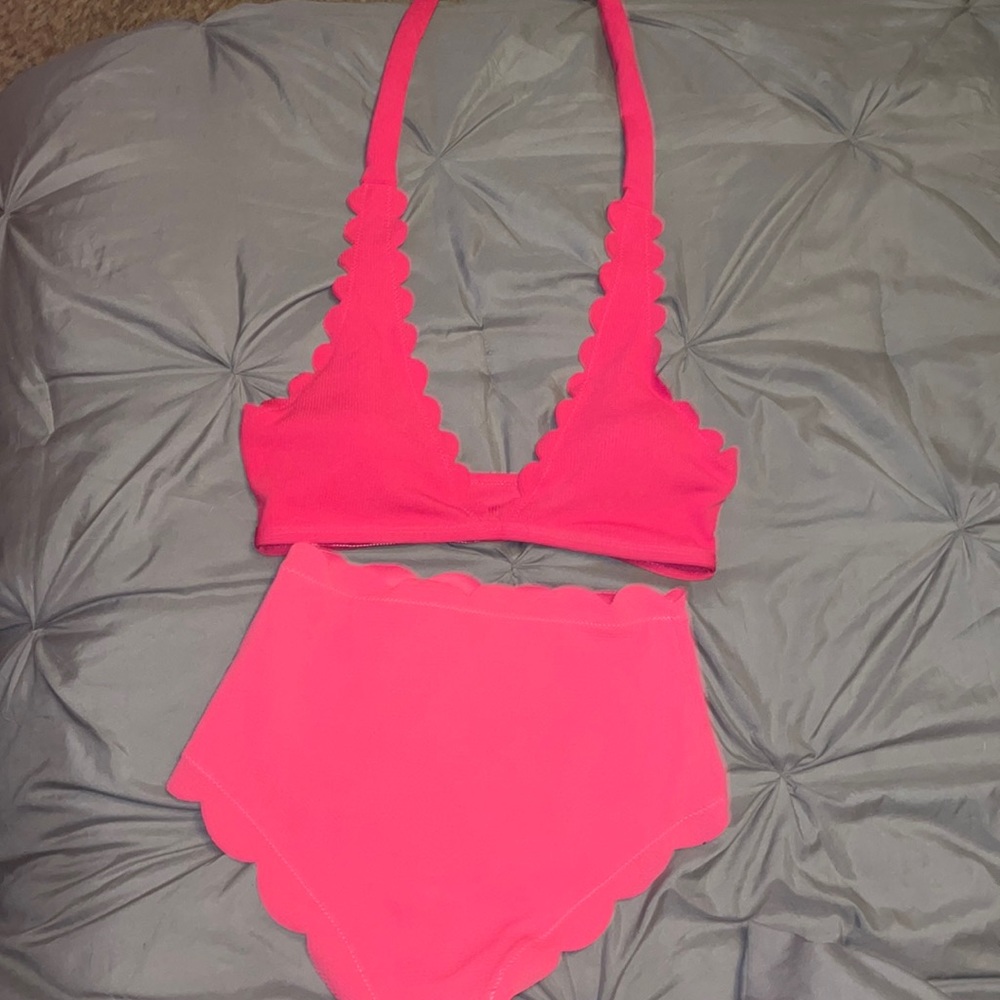 High-Waist Scallop Edge Bikini Set - Hot Pink